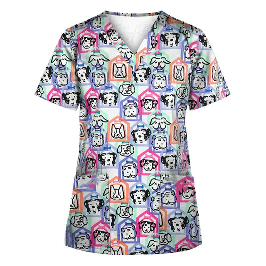 Tier Vignette Druck tierärztliche chirurgische Uniform für Frauen, Mode V-Ausschnitt Tops, kurze Ärmel, Tierarzt CJdropshipping