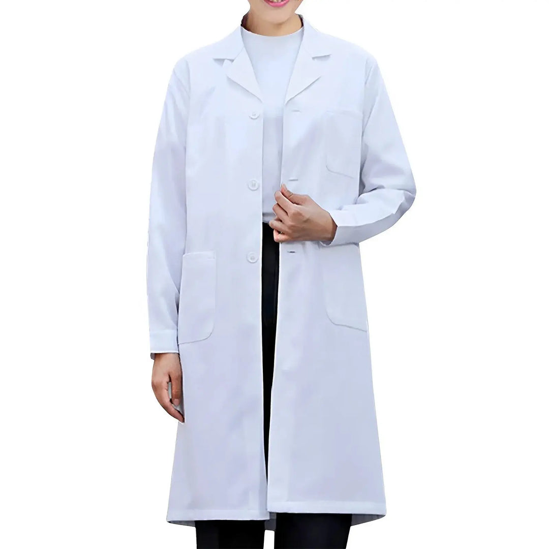 Langärmeliger weißer Unisex-Laborkittel für Männer und Frauen, Bluse im Tunika-Stil mit gekerbtem Reverskragen und Knöpfen für Medizin- und Pflegeuniformen MedSurgery Store For Digital Health