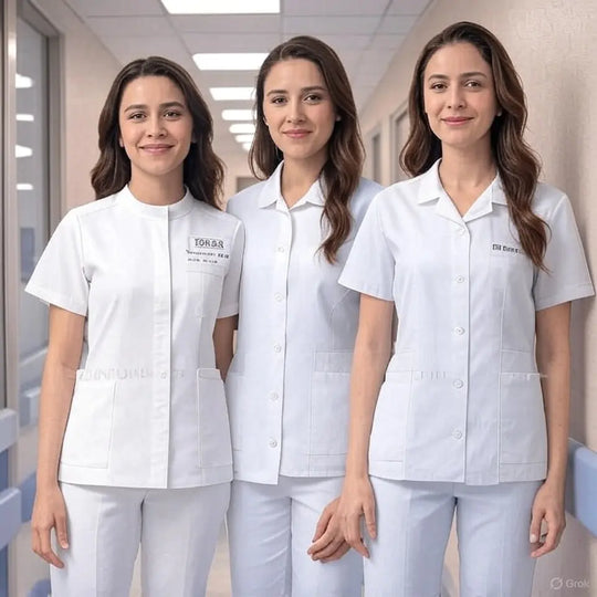 Weißes, rosafarbenes und blaues Damen-Scrub-Set "BlushCare Elite" - Kurze zweiteilige Krankenschwesternuniform mit Komfort und verstellbarem dsers-fulfillment-service