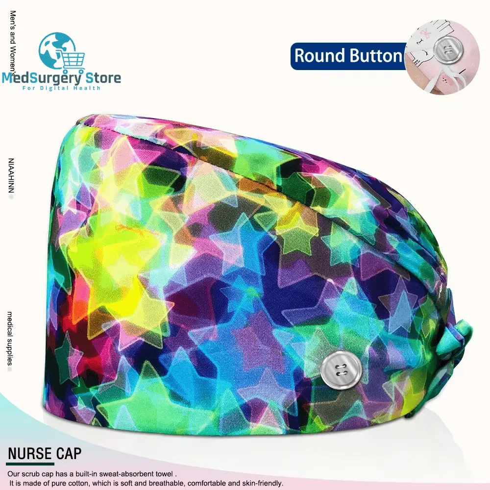 Großhandel Unisex Scrubs Kappe einstellbar Baumwolle Druck chirurgische Hüte Krankenschwester Uniform Zubehör Krankenhaus Beauty Store Arbeit Mützen