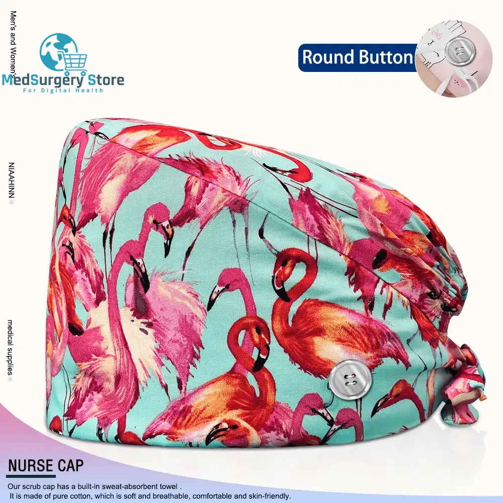 Großhandel Unisex Scrubs Kappe einstellbar Baumwolle Druck chirurgische Hüte Krankenschwester Uniform Zubehör Krankenhaus Beauty Store Arbeit Mützen