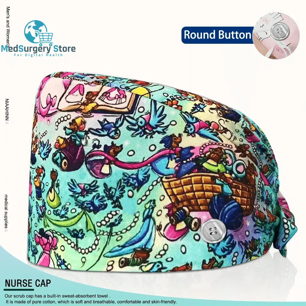 Großhandel Unisex Scrubs Kappe einstellbar Baumwolle Druck chirurgische Hüte Krankenschwester Uniform Zubehör Krankenhaus Beauty Store Arbeit Mützen