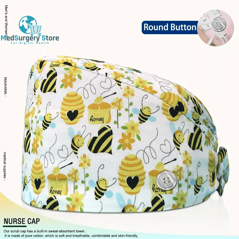 Großhandel Unisex Scrubs Kappe einstellbar Baumwolle Druck chirurgische Hüte Krankenschwester Uniform Zubehör Krankenhaus Beauty Store Arbeit Mützen