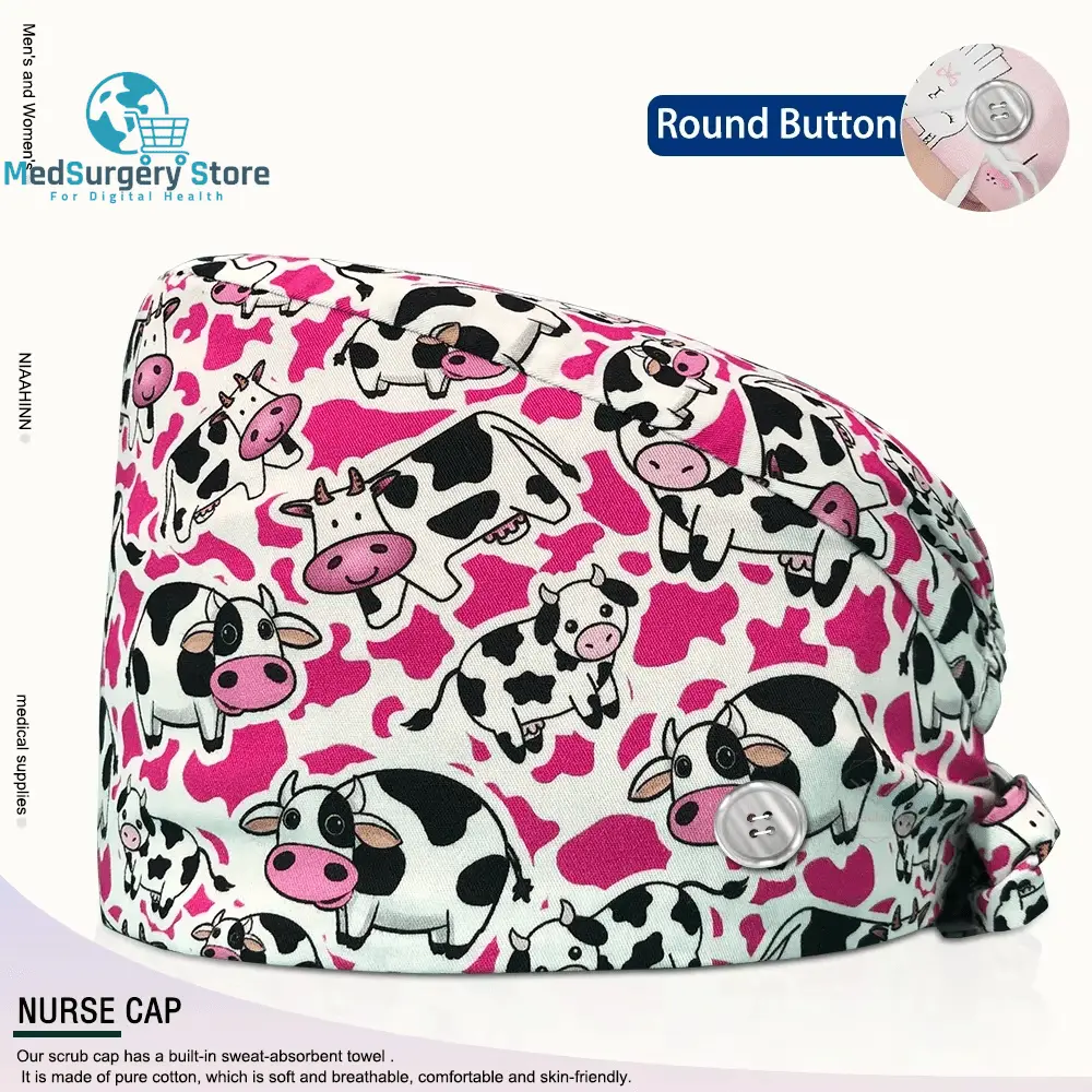 Großhandel Unisex Scrubs Kappe einstellbar Baumwolle Druck chirurgische Hüte Krankenschwester Uniform Zubehör Krankenhaus Beauty Store Arbeit Mützen